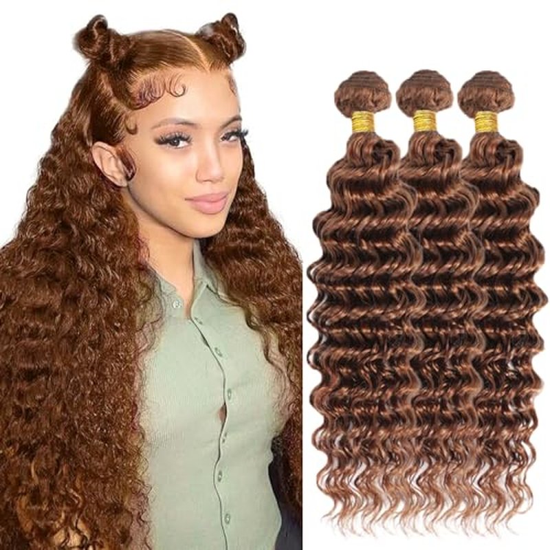 #30 Brown Deep Wave Human Hair Bundles 12 14 16 Inch