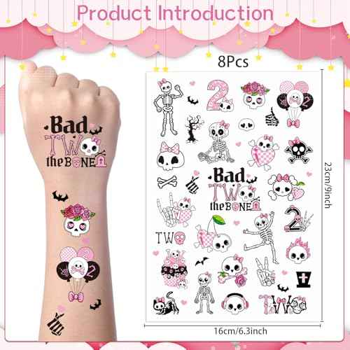 Bad Two the Bone Temporary Tattoos - Yoyuspy 200+ Pink Bad Two the Bone Party Decorations Favors Supplies Girl 2nd Birthday Decorations for Girls Cute Pink Skull Tattoo Stickers Gifts Prizes Rewards