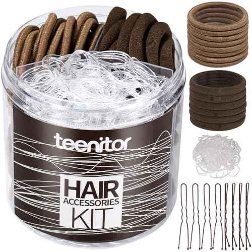 Teenitor Hair Accessories Kit for Woman & Girls: 500pcs Elastic Hair Bands; 30pcs Ponytail Holders, 30pcs Seamless Thick Hair Bands; 40pcs Bobby Hair Pins (Brown)