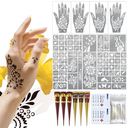 136 PCS Henna Tattoo Kit, Hena Tattoos Kit for Face Body Art Painting for Women Men Adult, Henna Tattoo Stencils with 6 Tattoo Cones 3 Colors for Festivals Wedding Party