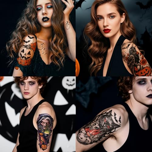 77 Sheets Halloween Temporary Tattoos Women Men, 17 PCS Half Sleeve Pumpkin Bat Crow Witch Skull Fake Tattoos for Adult, 60 PCS Spider Cat Ghost Scar Tiny Realistic Face Body Tattoos Stickers