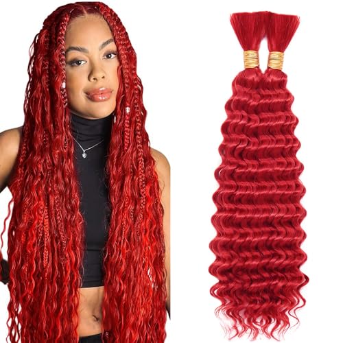 Red Boho Human Hair Braiding Bundles 24" Deep Wave
