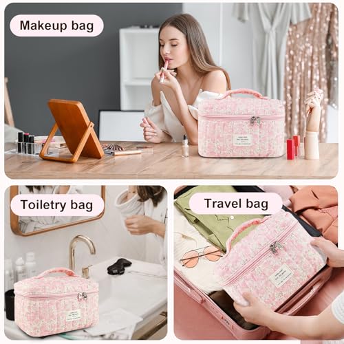 Makeup Bag, Floral Quilted Cosmetic Bag, Large Travel Aesthetic Make up Bag, Cute Coquette Toiletry Bag for Women Girls
