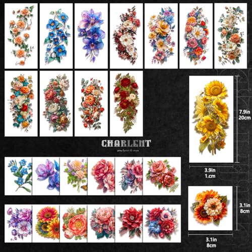 3D Flower Sleeve Temporary Tattoos for Women - 25 Sheets Realistic Flower Fake Tattoos for Arm Leg Body/Long Last/Waterproof