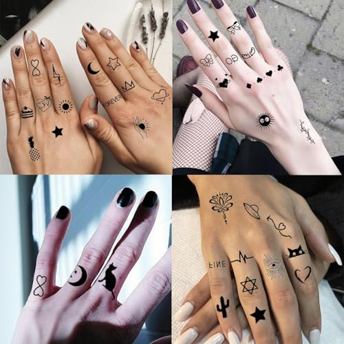 30 Sheets Cute Tiny Temporary Tattoos for Women Men Finger Hands, Fake Tattoo Stickers Bulk Black Long Lasting Waterproof Tattoos for Adults Neck Arms