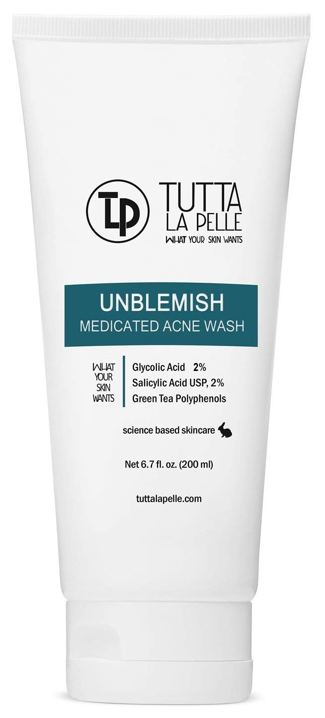 Exfoliating Face Wash Glycolic Acid 5% Salicylic Acid 2% - Medicated Unblemish Cleanser AHA BHA Acne Wash, Calming Green Tea, Helps for Acne, Oiliness, Blackheads, Cystic Acne, Whiteheads 6.7 Fl Oz