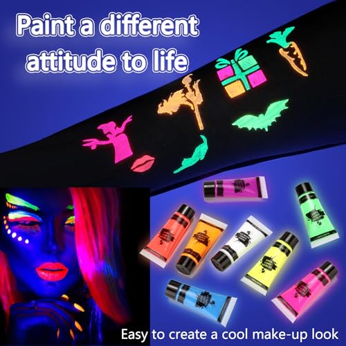 UV Neon Body Paint Kit, 8 Fluorescent Colors with 10 Brushes