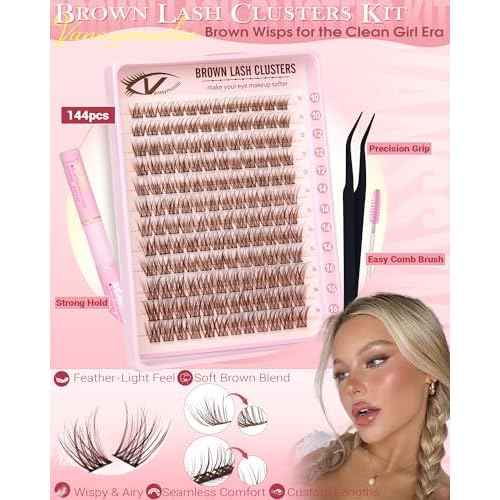 Brown Wispy Lash Clusters Kit Natural Eyelashes Clusters Kit Cluster Eyelash Extensions 10-16mm C Curl Cluster Lashes DIY Eyelash Clusters Waterproof Individual Lash Extension Kit with Brush