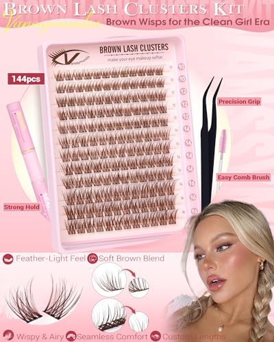 A-Brown Wispy Lash Clusters Kit - Natural Eyelash Extensions with Waterproof Glue