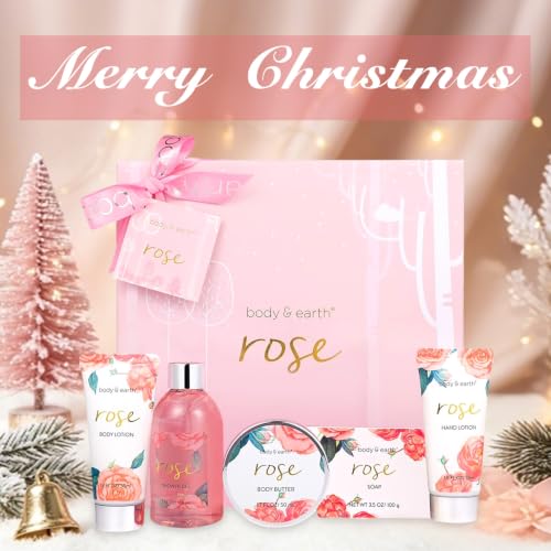 Body & Earth Rose New Spa Gift Set for Women - 5 Pcs Bath & Body Box with Rose Scent