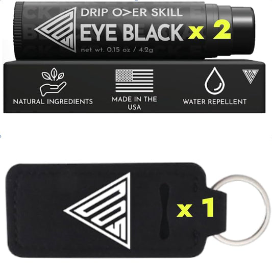 Drip Over Skill Eye Black Stick, Made in the USA with Natural Ingredients, Skin Safe Eyeblack, Gear for Lacrosse, Football, Softball, Sports Eye Black Baseball Drip, 2 Pack w/ 1 Keychain Sleeve