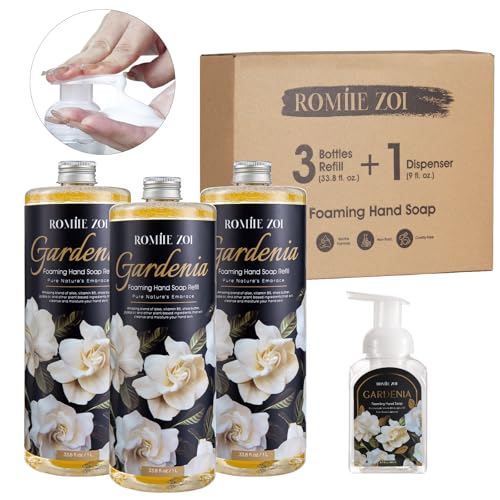 ROMIIE ZOI Hand Soap Refills Foaming, Gardenia Scent Natural Plant Moisturizing Foam Soap Refills with Dispenser 1 L/ 33.8 FL OZ(Pack of 3)