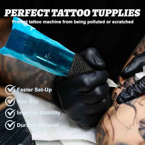 200Pcs Blue Tattoo Machine Covers & 4 Black Grip Tape, 7.2 X 2.5 Inch Disposable Professional Sealable Tattoo Pen Covers Supplies and Accessories