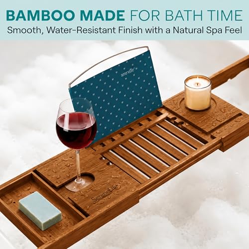 SereneLife Bamboo Bathtub Caddy Tray with Wine Holder