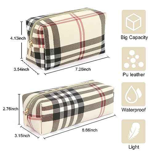MAANGE Small Makeup Bag for Purse, 2 PCS Cosmetic Bag for Women Travel Makeup Pouch Leather Make up Bag Portable Zipper Pouch Brushes Bag - khaki plaid