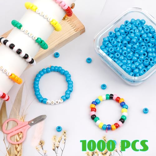 Auvoau 1000Pcs Pony Beads Bracelet 9mm Blue Plastic Barrel Pony Beads for Necklace,Hair Beads for Braids for Girls,Key Chain,Jewelry Making (Blue)