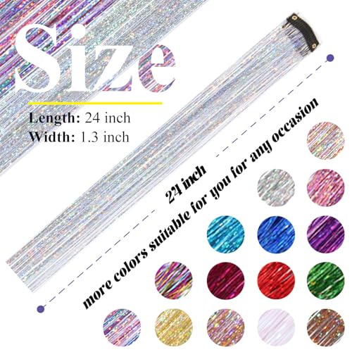 Silver Hair Tinsel Clips, 12-Pack Glitter Extensions, 24 Inch