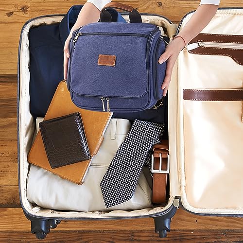 Canvas Toiletry Bag for Men Shaving Dopp Kit Bulk Travel Hanging Makeup Organizer with Sturdy Metal Hook Portable Cosmetic Bag for Women with Large Capacity Blue