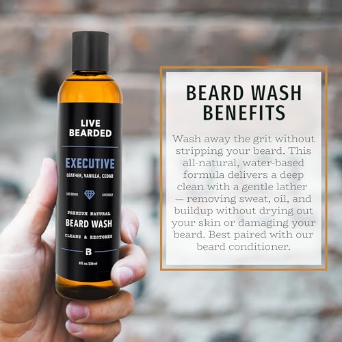 Live Bearded Beard Wash, 8 fl oz - Water-Based Face Cleanser with All-Natural Ingredients for a Gentle, Deep Clean - Made in the USA | Executive Scent - Cedar, Vanilla
