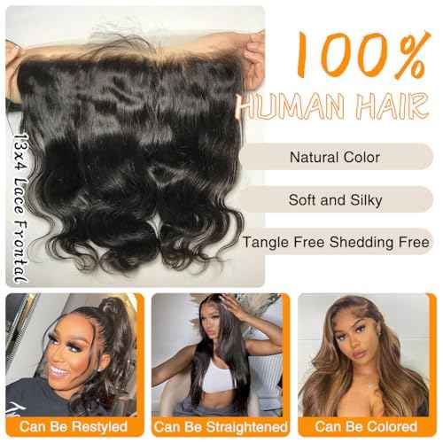 13x4 Real HD Lace Frontal Closure Human Hair Body Wave Skinlike HD Lace Frontal Brazilian Body Wave Human Hair Ear to Ear Free Part 150% Density Natural Black Color 22 Inch