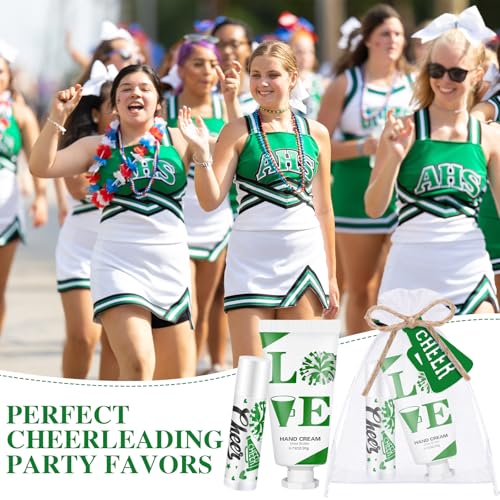 144 Pcs Cheerleading Lip Balms Hand Cream Sets Green Cheerleading Party Supplies Including 36 Lip Balm and Moisturizing Hand Cream 36 Organza Bags Cards and Ropes for Team Thank You Gifts