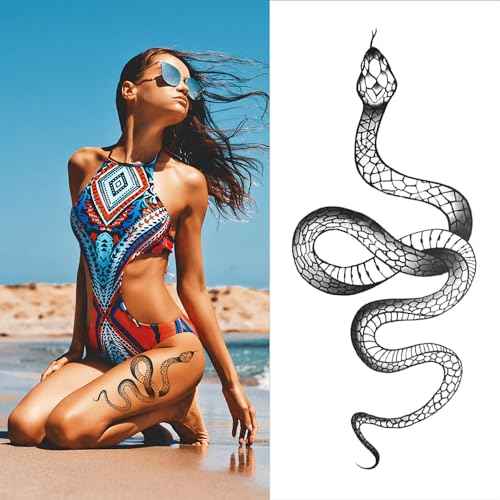 Fashion Realistic Big Size Black Snake Temporary Tattoo Stickers for Women Men Waterproof Fake Tattoo Waist Body Forearm Arm (Pack of 10)