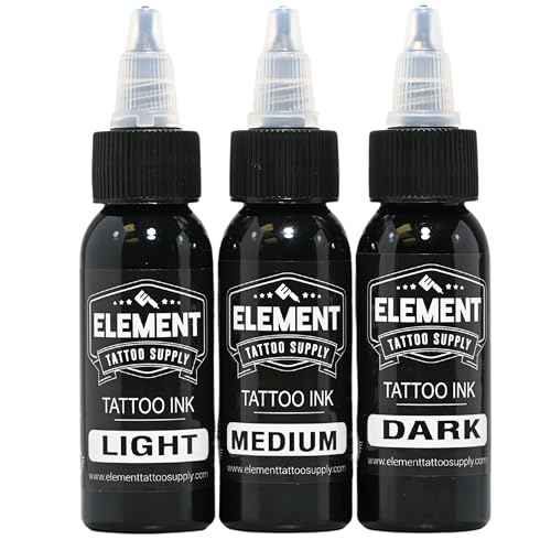 Element Tattoo Supply Greywash Tattoo Ink Set - Professional Tattooing, Light, Medium & Dark Shades, Includes Black & White Solid Inks for Outlining, Shading & Blending, 1 oz Bottle (5 Pack)