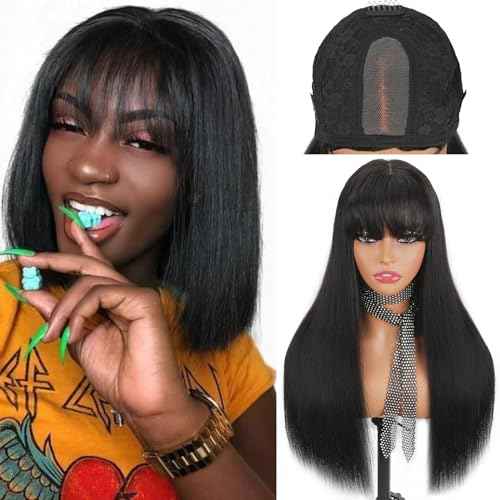 2x4 Lace Front Wigs With Bangs Human Hair Lace Closure Wig 200% Density Brazilian Virgin Hair Glueless Wig Natural Black Color(10 Inch)