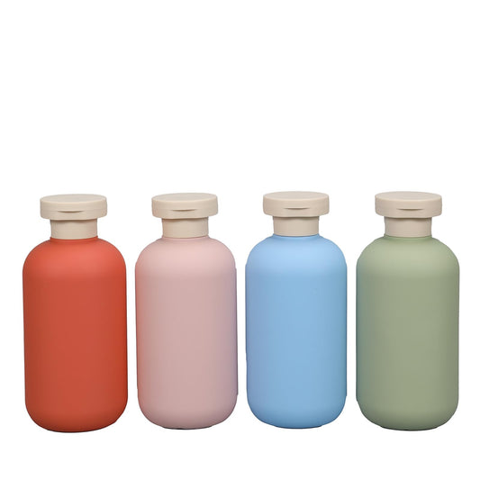 ASEVAT 6.7oz Plastic Refillable Travel Shampoo Bottles, 4 Pack, Leak Proof, Reusable, Orange/Pink/Green/Blue, Travel Size, Shampoo and Conditioner Dispenser