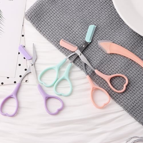Eyebrow Scissors with Razor & Comb Set - Non-Slip Grip, Pink/Green/Purple