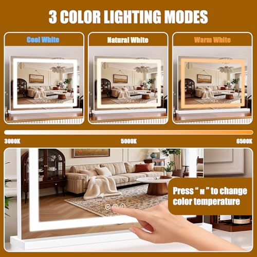 Vanity Mirror with Lights 28"x20", LED Makeup Mirror, 3 Color Lighting Modes, 10X Magnification, Smart Touch Control, Dimmable, Aluminum Metal Frame, Lighted Up for Vanity Desk (White)