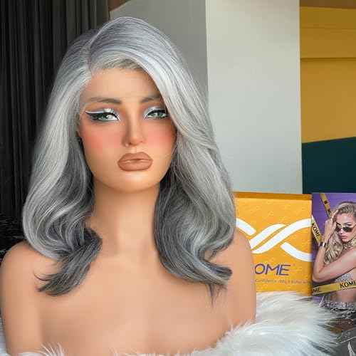 Grey Synthetic Lace Front Wig,13X5X1 Shoulder Length Body Wave Glueless Bob Wigs for Old Lady Women Daily Use 18IN
