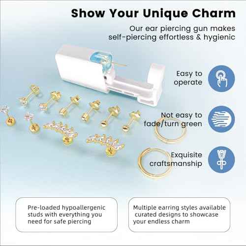 24 Pcs Ear Piercing Kit Ear Disposable Piercing Gun Kit Includes 6 Pcs Self Piercing Gun 12 Pcs Cubic Zirconia Earrings Stud Hoop Earrings 6 Cleaning Pads Easy to Use Ear Piercer Kit Tool