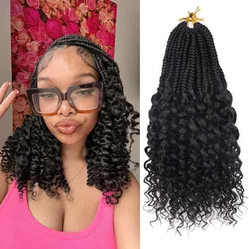 14 Inch Goddess Box Braids Crochet Hair New Short Crochet Braids for Black Women 7 Packs Pre Looped & Braided Micro Box Braid with Curly Ends for Daily - Easy Install Style & All Day Comfy (1B)