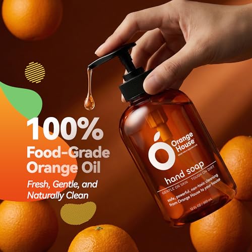 ORANGE HOUSE Natural Liquid Hand Soap, Food-Grade Orange Oil Moisturizing Hand Wash, Plant-Based & Hypoallergenic, Gentle for Sensitive Skin, Non-Toxic Citrus Scented Soap, 12 Fl Oz (6 Pack)