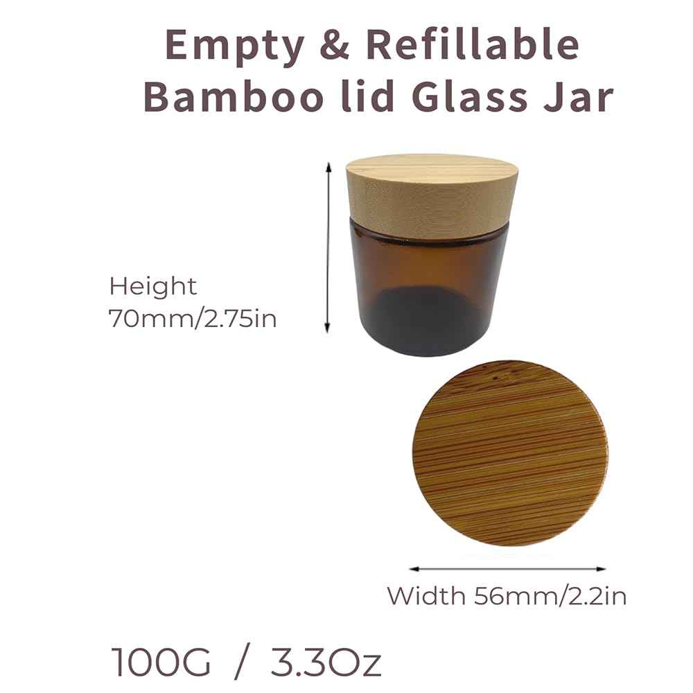 BEECO GIF2U Empty Refillable Brown Glass Cosmetic Cream Jar 4 Pack 3.3 OZ/100g with Bamboo Lids,Skin Care Travel Containers Pot for Clay Masks,Butter,Body Scrub,Lip Balm, Ointments, Lotion