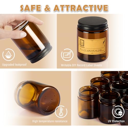 8 oz Amber Glass Jars with Lids - 6 Pack Refillable Containers
