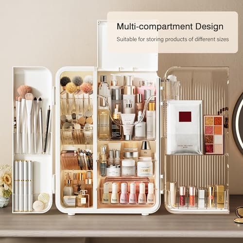 SEE SPRING Makeup Organizer for Vanity, Large Capacity Skincare Organizers and Storage with Drawers, Dustproof Cosmetic Display Case for Bathroom Countertop, Trendy Teen Girl Gifts, White