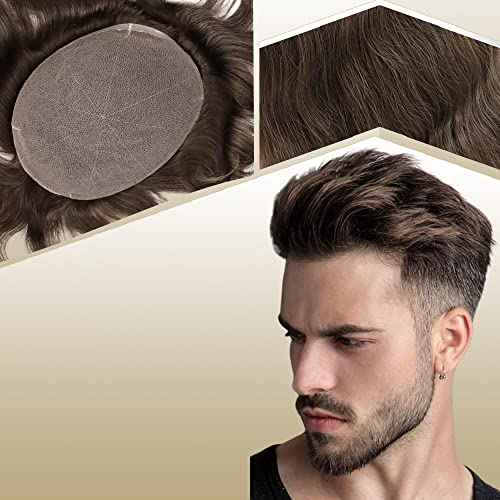 European Human Hair Toupee for Men Soft Full Swiss Lace Hair Replacement System Hairpieces 10"x8" Straight #7 Lightest Brown Color
