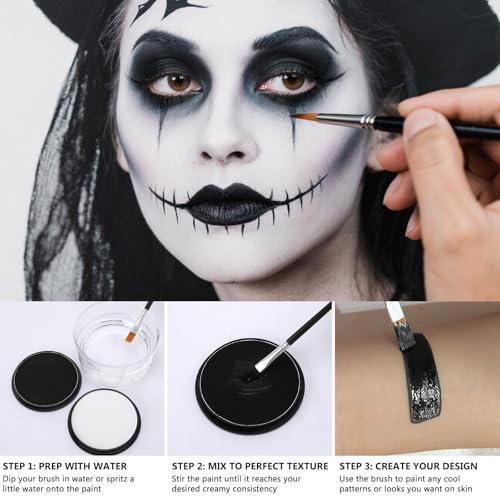 Black & White Face Body Paint Kit for Kids & Adults, Non-Toxic Water-Based Professional Face Painting Palette with Brushes for Halloween Clown Goth Vampire SFX Makeup, Art Stage Cosplay Parties