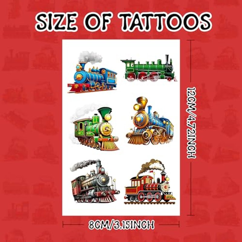 144 PCS Vintage Retro Train Temporary Tattoos Stickers, Vintage Retro Train Party Favors Supplies Train Transportation Birthday Party Decorations for Classroom Rewards, 24 Sheets