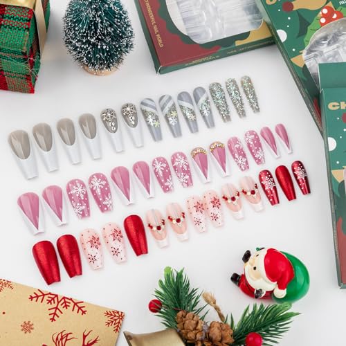 Noverlife 96PCS Christmas Short Squoval Press on Nails w/Nail Glue Tabs, Christmas Square Oval Fake Nails Acrylic Fingernails Xmas False Nail Tips, Festive Holiday Nail Art Manicure Decor for Women