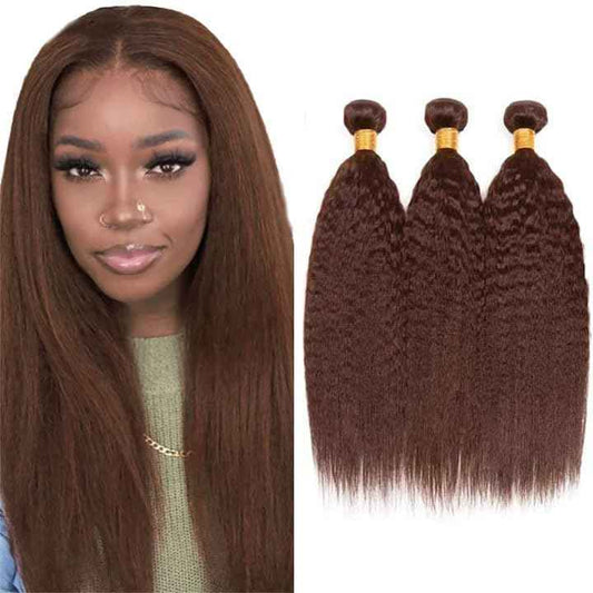 Aikebi Brazilian Human Hair Bundles 8 10 12 Inch Chocolate Brown Color 4 Kinky Yaki Bundles Human Hair 11A Unprocessed Brazilian Soft Quick Weave Soft Sewn In Hair for Black Women