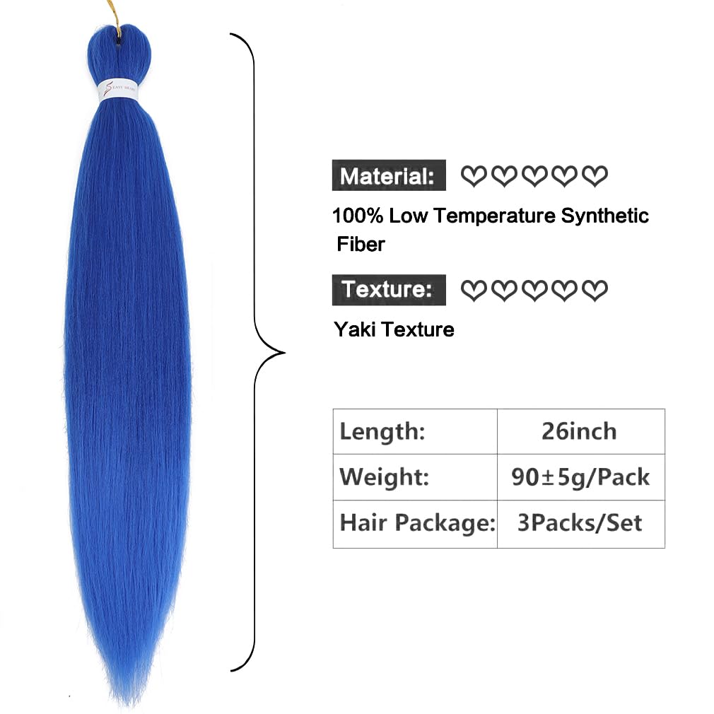 Easy Braid Pre Stretched Blue Braiding Hair 26 Inch 3Packs for Crochet Braiding Hair Yaki Texture Water Setting Braid Crochet Hair Extensions(26inch, Blue)