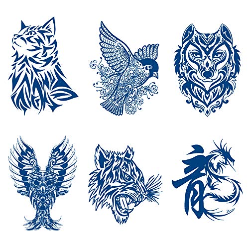 6 Sheets Semi Permanent Tattoo Long Lasts 1-2 Weeks Temporary Tattoo Animal Totem Cat Bird Wolf Owl Tiger Dragon, Realistic Look, No Adhesive, No Reflection Adult Body Art Stickers