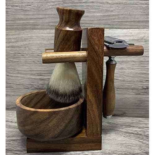 Safety Razor Shaving Kit, Double Edge Razor Blades,Hair shaving Brush wood Handle, Wood Shaving Bowl And Shaving Stand Kit, Wet Shave Grooming Set for Men Best shaving set Gift For Gentleman