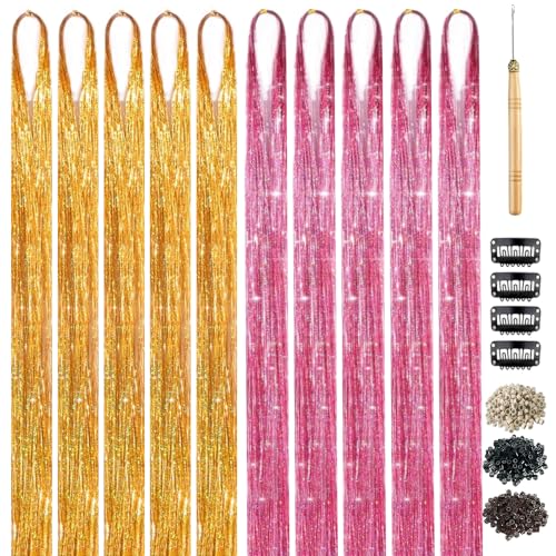 Uikreo Gold + Pink Hair Tinsel Kit for Women Girls - Easy DIY Extensions