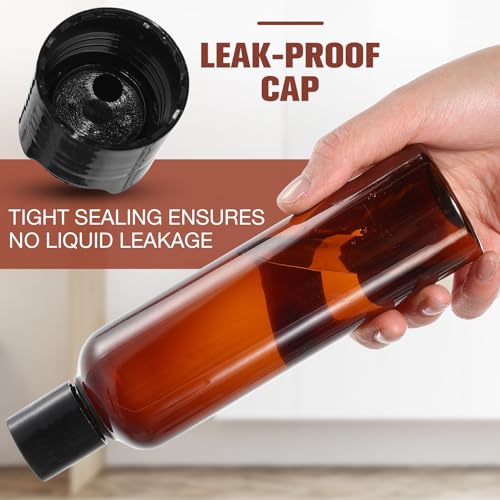 Mimorou 50 Pcs 8.5 oz Plastic Squeeze Bottle with Disc Top Flip Cap Empty Amber Refillable Container Small Travel Toiletry Bottle with Black Cap for Lotion Shampoo Oil Body Soap Creams