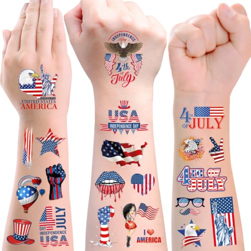 4th of July Temporary Tattoos for Kids, 20 Sheets 90+ Patriotic Designs