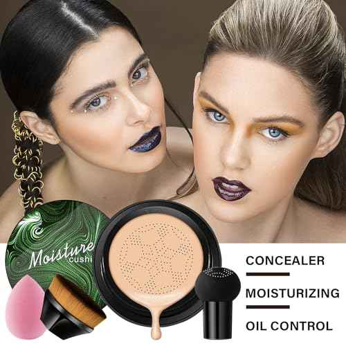2PCS Mushroom Head Air Cushion CC Cream, Moisturizing Lasting Oil Control BB Cream for All Skin Types, Full Coverage Concealer Liquid Foundation Face Makeup Set with Foundation Brush & Makeup Sponge A